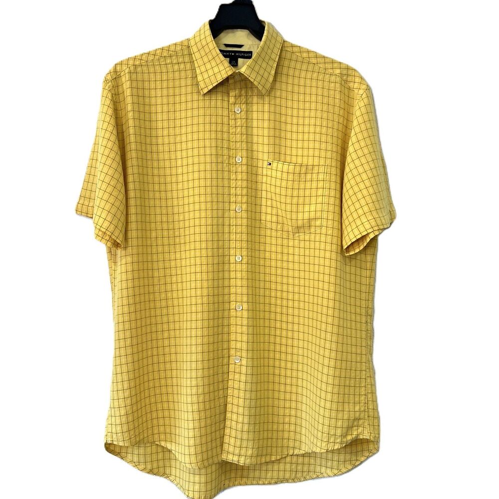 Tommy Hilfiger Mens Short Sleeve Button Yellow Blue Checker Collard Shirt Large